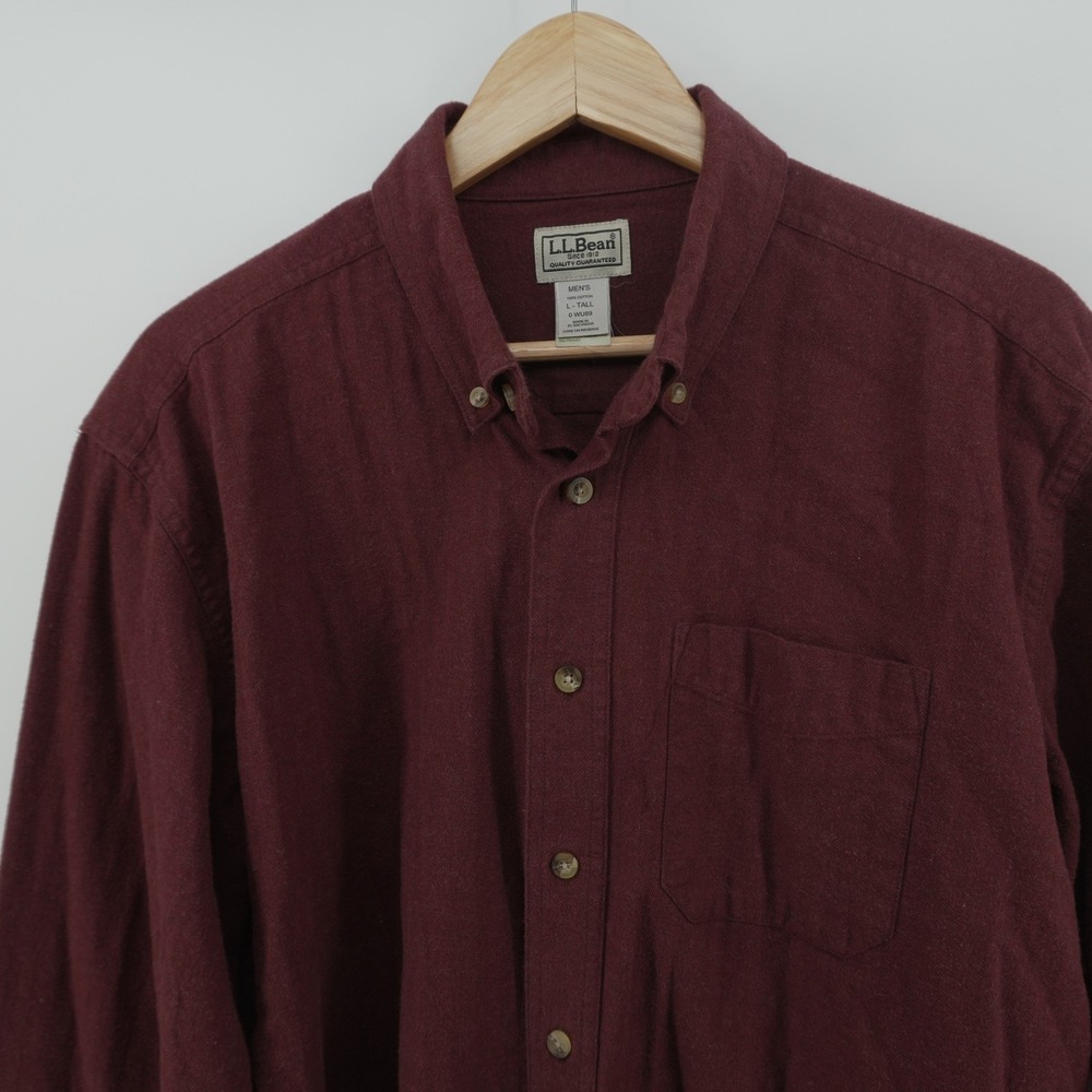 LL Bean Flannel Shirt Mens L Tall Burgundy Maroon Cotton Button Down 0WU89